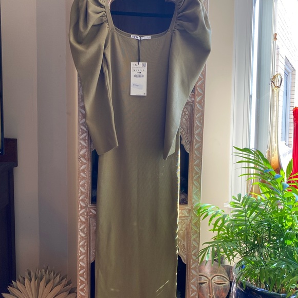 NWT Zara Bandage Puffy Sleeved Dress Olive Green Size Large - Picture 6 of 13